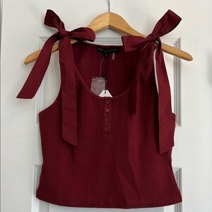 NWT - English Factory Mixed Media Bow Tie Ribbed Henley Tank - Burgundy - Small